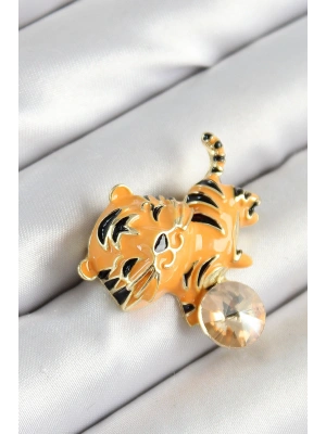 Zirkon Taşlı Siyah Çizgili Turuncu Kaplan Figürlü Gold Renk Kadın Broş