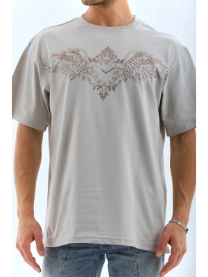 Unisex Oversize Taşlı Bisiklet Yaka T-Shirt - Gri