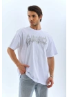 Unisex Oversize Taşlı Bisiklet Yaka T-Shirt - Beyaz