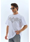 Unisex Oversize Taşlı Bisiklet Yaka T-Shirt - Beyaz