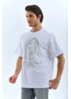 Unisex Oversize Taşlı Bisiklet Yaka T-Shirt - Beyaz