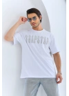 Unisex Oversize Taşlı Bisiklet Yaka T-Shirt - Beyaz