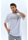 Unisex Oversize Taşlı Bisiklet Yaka T-Shirt - Beyaz