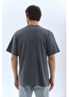 Unisex Oversize Taşlı Bisiklet Yaka T-Shirt - Füme