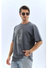 Unisex Oversize Taşlı Bisiklet Yaka T-Shirt - Füme