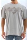 Unisex Oversize Taşlı Bisiklet Yaka T-Shirt - Gri