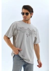 Unisex Oversize Taşlı Bisiklet Yaka T-Shirt - Gri