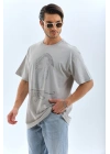 Unisex Oversize Taşlı Bisiklet Yaka T-Shirt - Gri