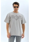 Unisex Oversize Taşlı Bisiklet Yaka T-Shirt - Gri