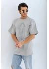 Unisex Oversize Taşlı Bisiklet Yaka T-Shirt - Gri