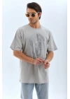 Unisex Oversize Taşlı Bisiklet Yaka T-Shirt - Gri