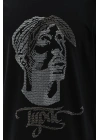 Unisex Oversize Taşlı Bisiklet Yaka T-Shirt - Siyah
