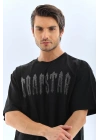 Unisex Oversize Taşlı Bisiklet Yaka T-Shirt - Siyah