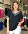 Kadın Büyük Beden V Yaka Siyah Bluz Yaka Kol Gümüş Sim Cty-xyn-101