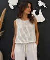 Kadın Sıfır Kol Çizgili Müslin Kumaş Crop Bluz cty-abr-7035b %100 Pamuk