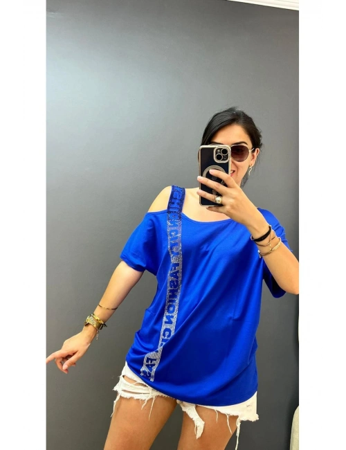 Kadın Büyük Beden Tek Omuz Askılı City Fashion Taşlı Düşük Kol Bluz cty-cnd-06