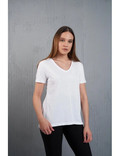 Kadın V Yaka Yırtmaç Detaylı Basic T-shirt cty-abr-10391
