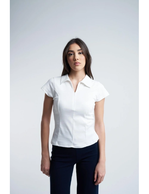 Kadın Yakalı Fermuar Detaylı Fitilli Kısa Kol Bluz cty-abr-5184