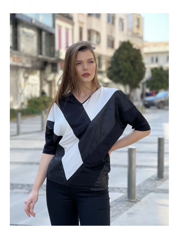 Kadın Büyük Beden V Yaka Siyah Bluz Parçalı Siyah Beyaz Deri Garnili Cty-xyn-102