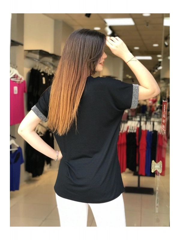 Kadın Büyük Beden V Yaka Siyah Bluz Yaka Kol Gümüş Sim Cty-xyn-101