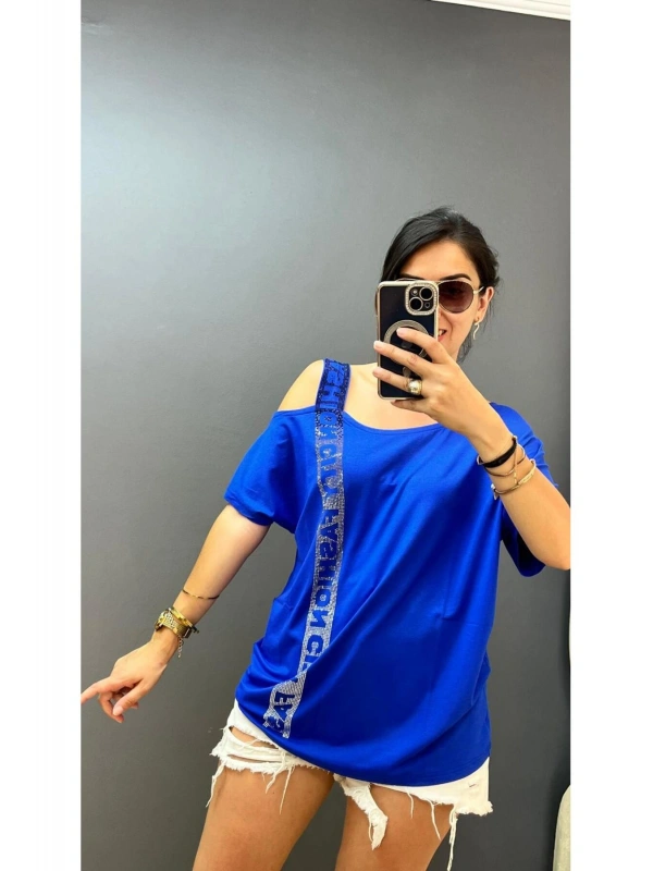 Kadın Büyük Beden Tek Omuz Askılı City Fashion Taşlı Düşük Kol Bluz cty-cnd-06