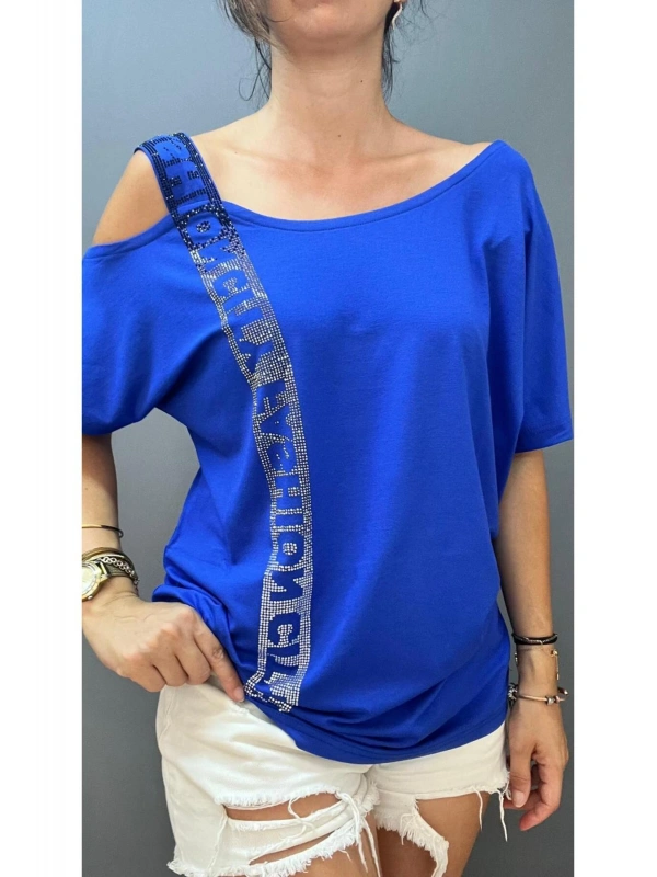 Kadın Büyük Beden Tek Omuz Askılı City Fashion Taşlı Düşük Kol Bluz cty-cnd-06