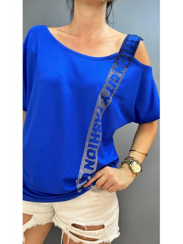 Kadın Büyük Beden Tek Omuz Askılı City Fashion Taşlı Düşük Kol Bluz cty-cnd-06