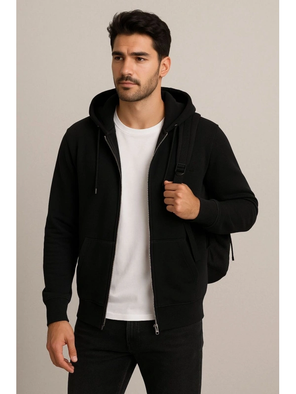Erkek Rahat Kalıp Kapüşonlu Kalın Üç İplik Fermuarlı Ceket Sweatshirt cty-brd-101