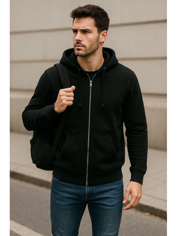 Erkek Rahat Kalıp Kapüşonlu Kalın Üç İplik Fermuarlı Ceket Sweatshirt cty-brd-101