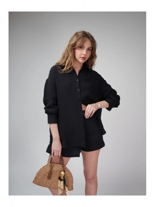 Yakalı Düğmeli Cepsiz Müslin Uzun Kol Gömlek cty-abr-7275