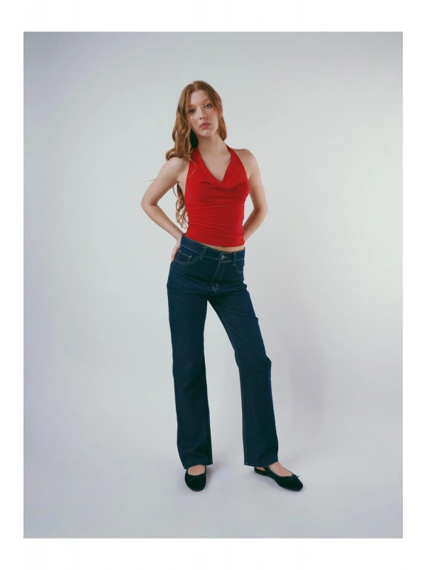 Yüksek Bel 5 Cep Straight Fit Bol Paça Jean Pantolon cty-abr-2321