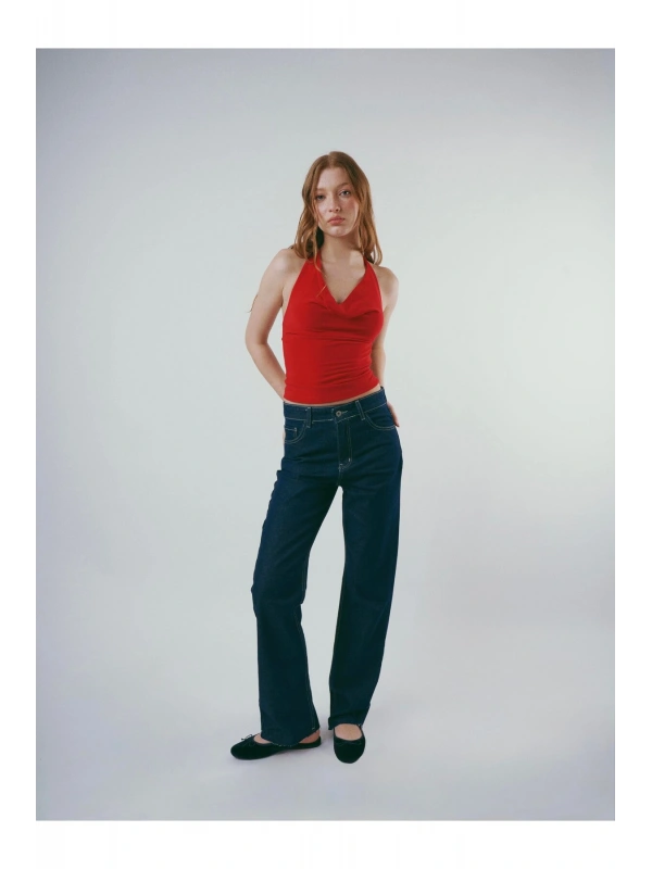 Yüksek Bel 5 Cep Straight Fit Bol Paça Jean Pantolon cty-abr-2321
