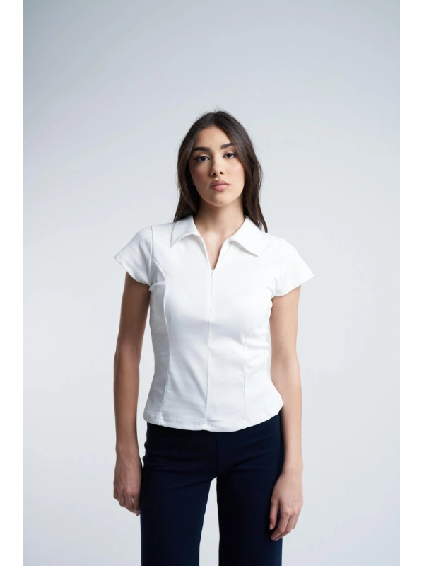 Kadın Yakalı Fermuar Detaylı Fitilli Kısa Kol Bluz cty-abr-5184