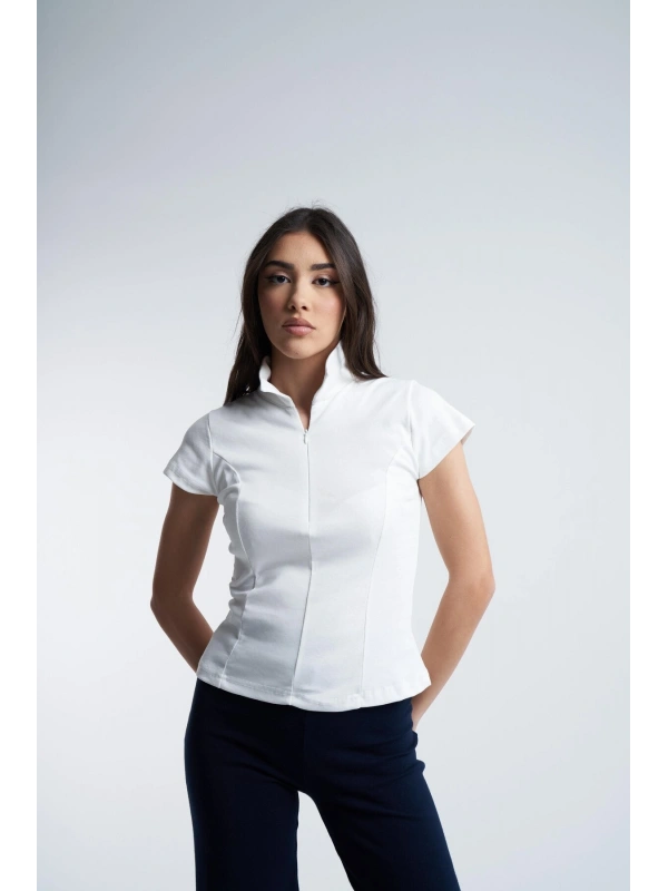 Kadın Yakalı Fermuar Detaylı Fitilli Kısa Kol Bluz cty-abr-5184