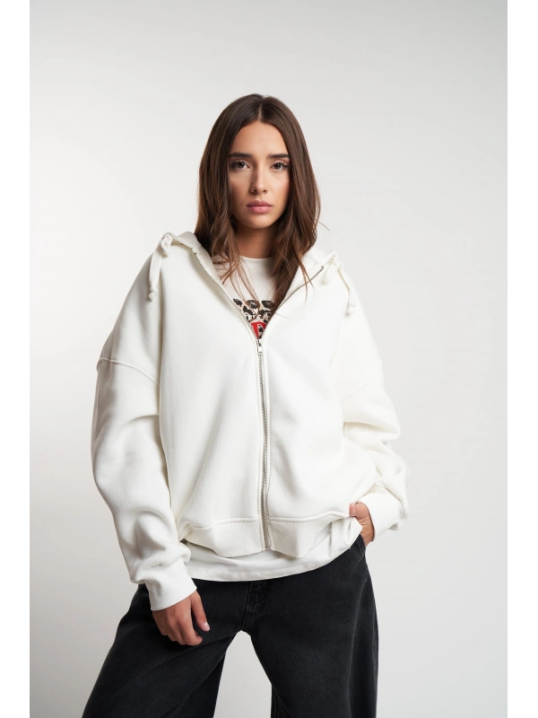 Kadın Kapüşonlu Fermuarlı Cep Detaylı Şardonlu Basic Oversize Sweatmont cty-abr-2211