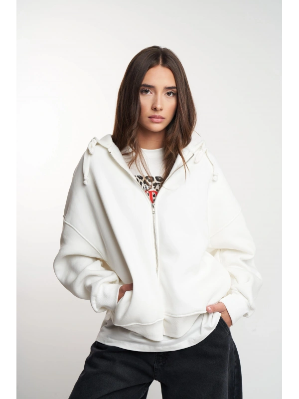 Kadın Kapüşonlu Fermuarlı Cep Detaylı Şardonlu Basic Oversize Sweatmont cty-abr-2211