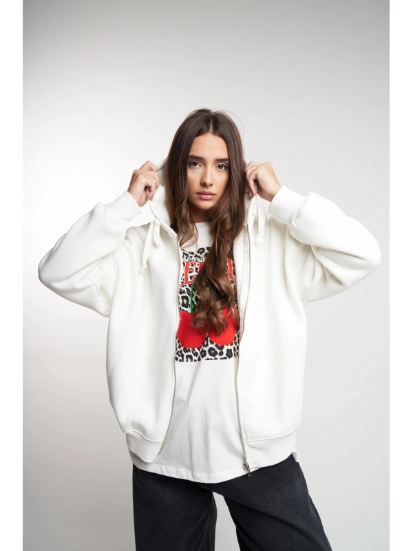 Kadın Kapüşonlu Fermuarlı Cep Detaylı Şardonlu Basic Oversize Sweatmont cty-abr-2211