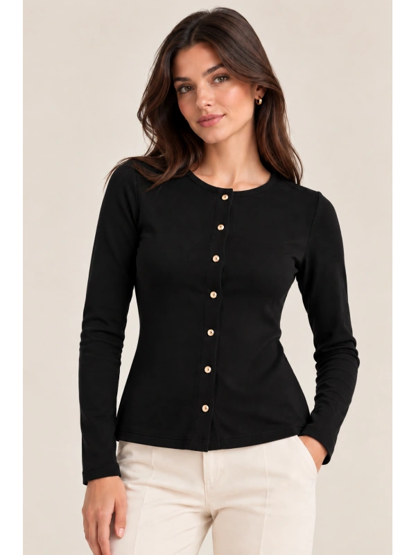 Kadın Bisiklet Yaka Düğmeli Ribana Bluz cty-abr-7472