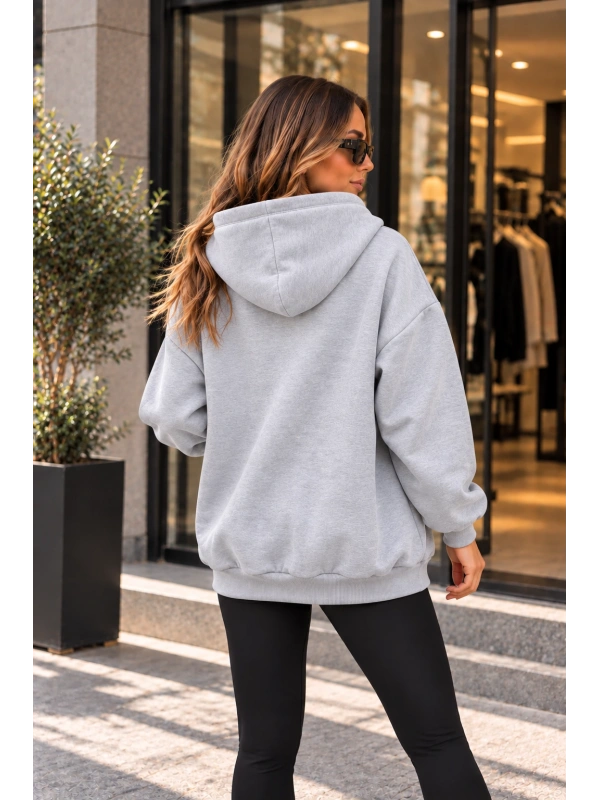 Unisex Üç İplik Şardonlu Oversize Fermuarlı Kapüşonlu Sweat Ceket cty-çtn-28663
