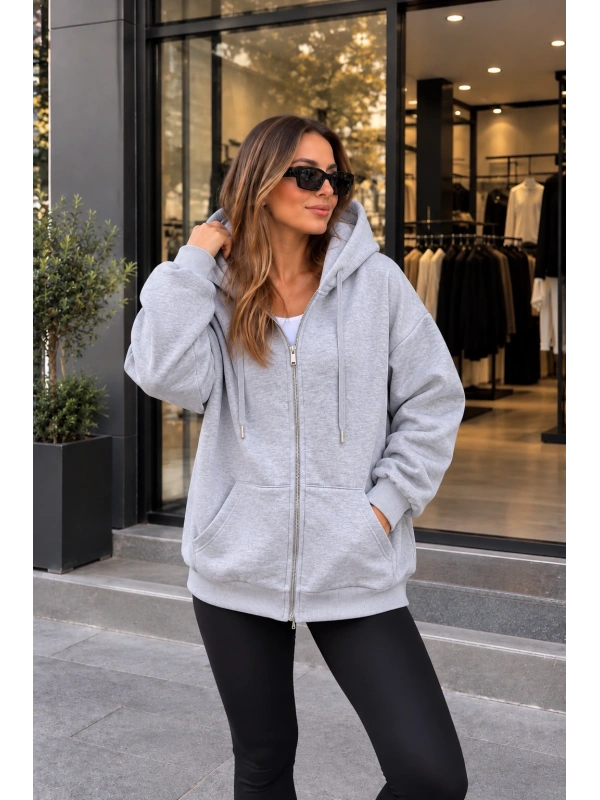 Unisex Üç İplik Şardonlu Oversize Fermuarlı Kapüşonlu Sweat Ceket cty-çtn-28663