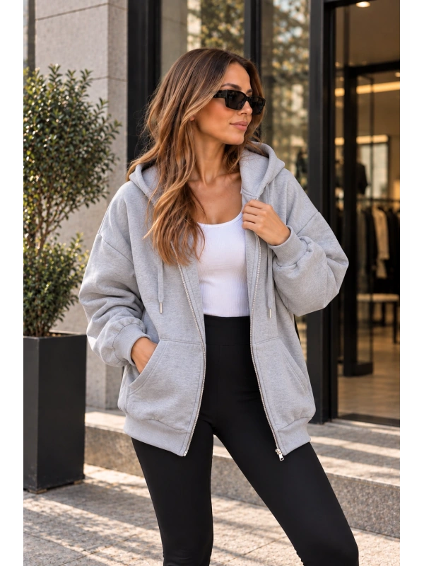 Unisex Üç İplik Şardonlu Oversize Fermuarlı Kapüşonlu Sweat Ceket cty-çtn-28663
