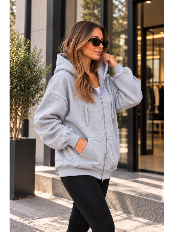 Unisex Üç İplik Şardonlu Oversize Fermuarlı Kapüşonlu Sweat Ceket cty-çtn-28663