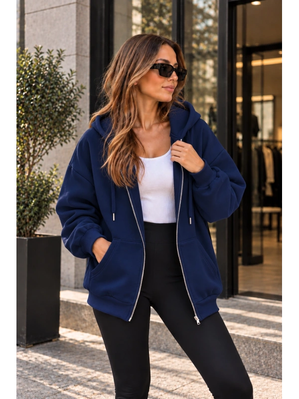 Unisex Üç İplik Şardonlu Oversize Fermuarlı Kapüşonlu Sweat Ceket cty-çtn-28663