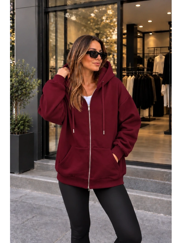Unisex Üç İplik Şardonlu Oversize Fermuarlı Kapüşonlu Sweat Ceket cty-çtn-28663