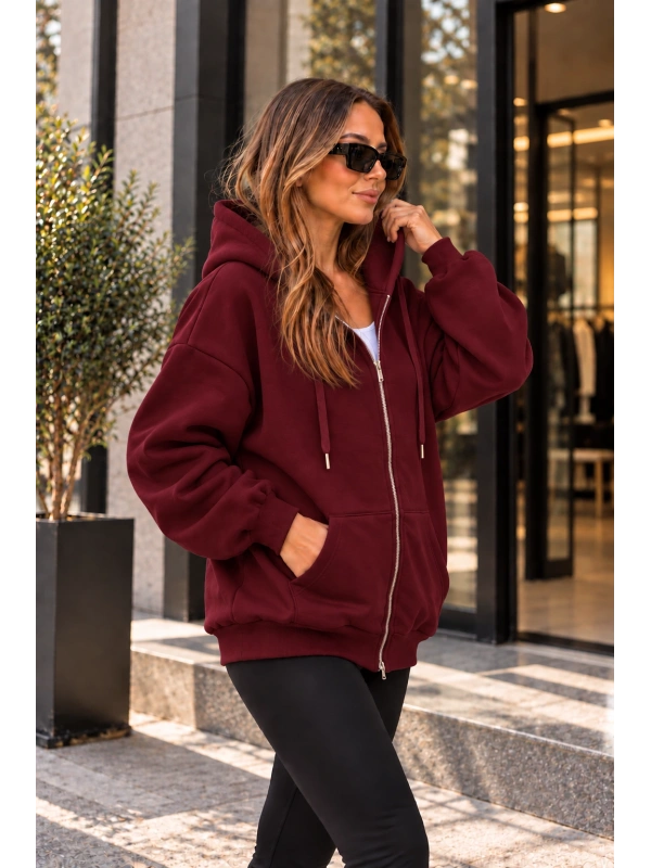 Unisex Üç İplik Şardonlu Oversize Fermuarlı Kapüşonlu Sweat Ceket cty-çtn-28663