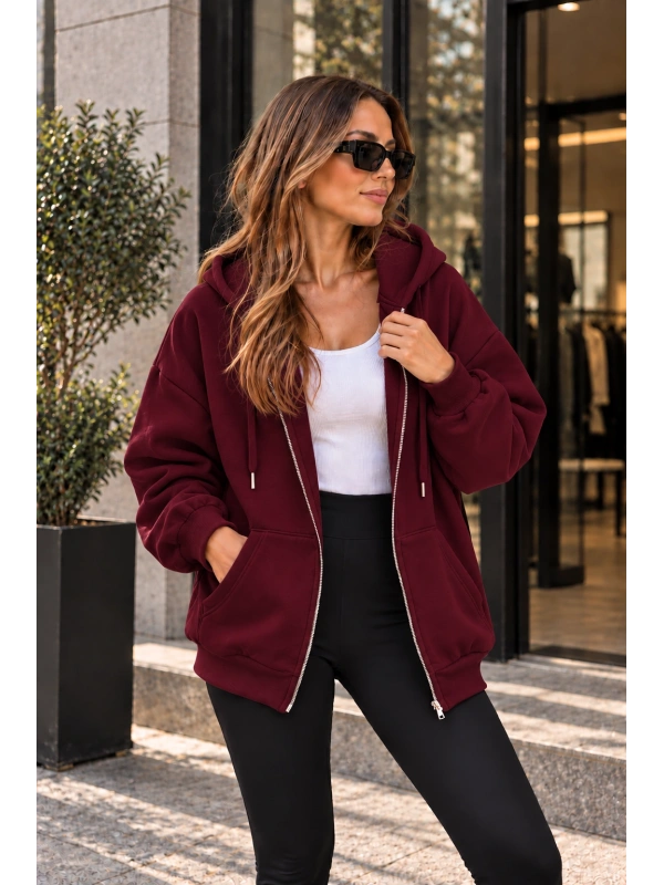 Unisex Üç İplik Şardonlu Oversize Fermuarlı Kapüşonlu Sweat Ceket cty-çtn-28663