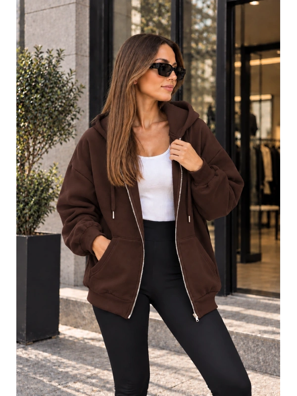 Unisex Üç İplik Şardonlu Oversize Fermuarlı Kapüşonlu Sweat Ceket cty-çtn-28663