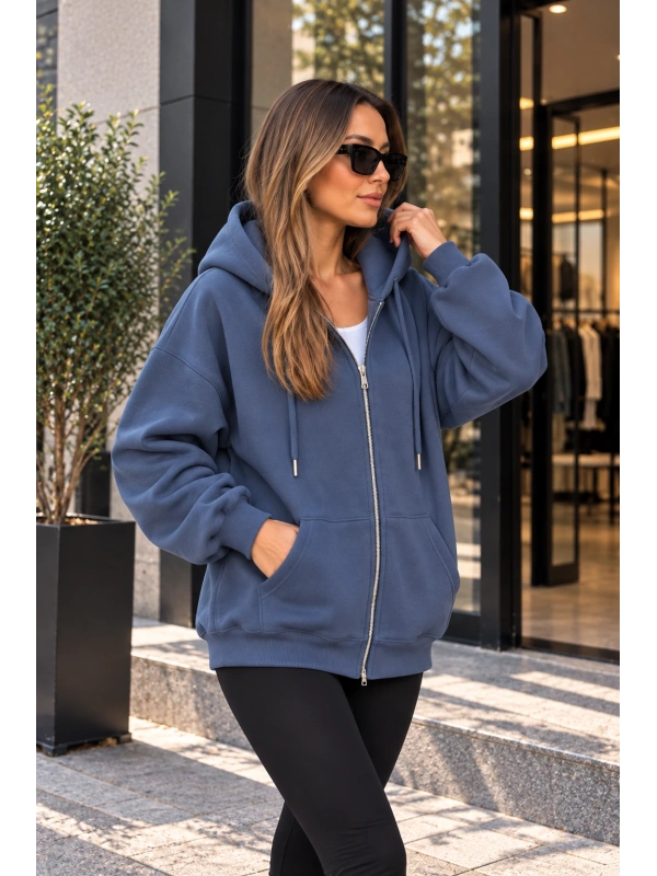 Unisex Üç İplik Şardonlu Oversize Fermuarlı Kapüşonlu Sweat Ceket cty-çtn-28663