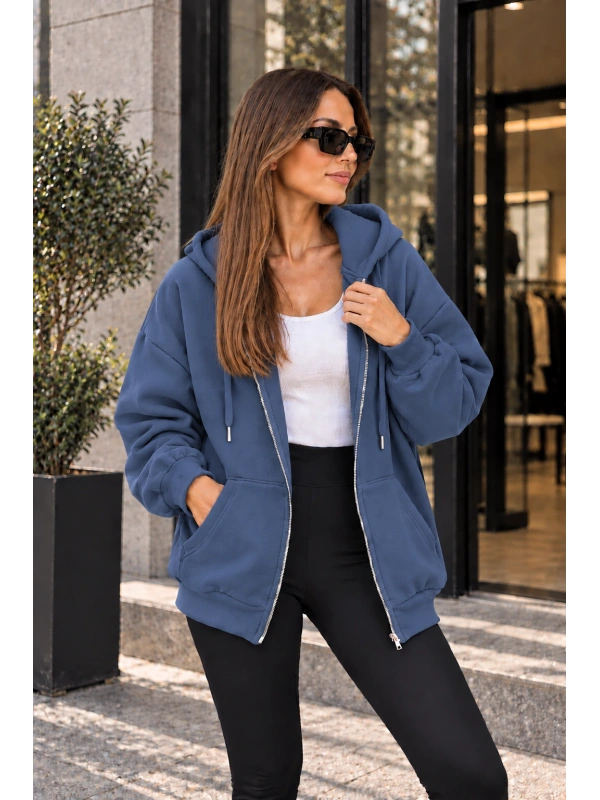 Unisex Üç İplik Şardonlu Oversize Fermuarlı Kapüşonlu Sweat Ceket cty-çtn-28663
