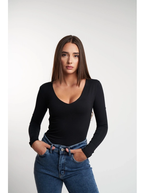 Kadın V Yaka Basic Uzun Kol Modal Bluz cty-abr-2132